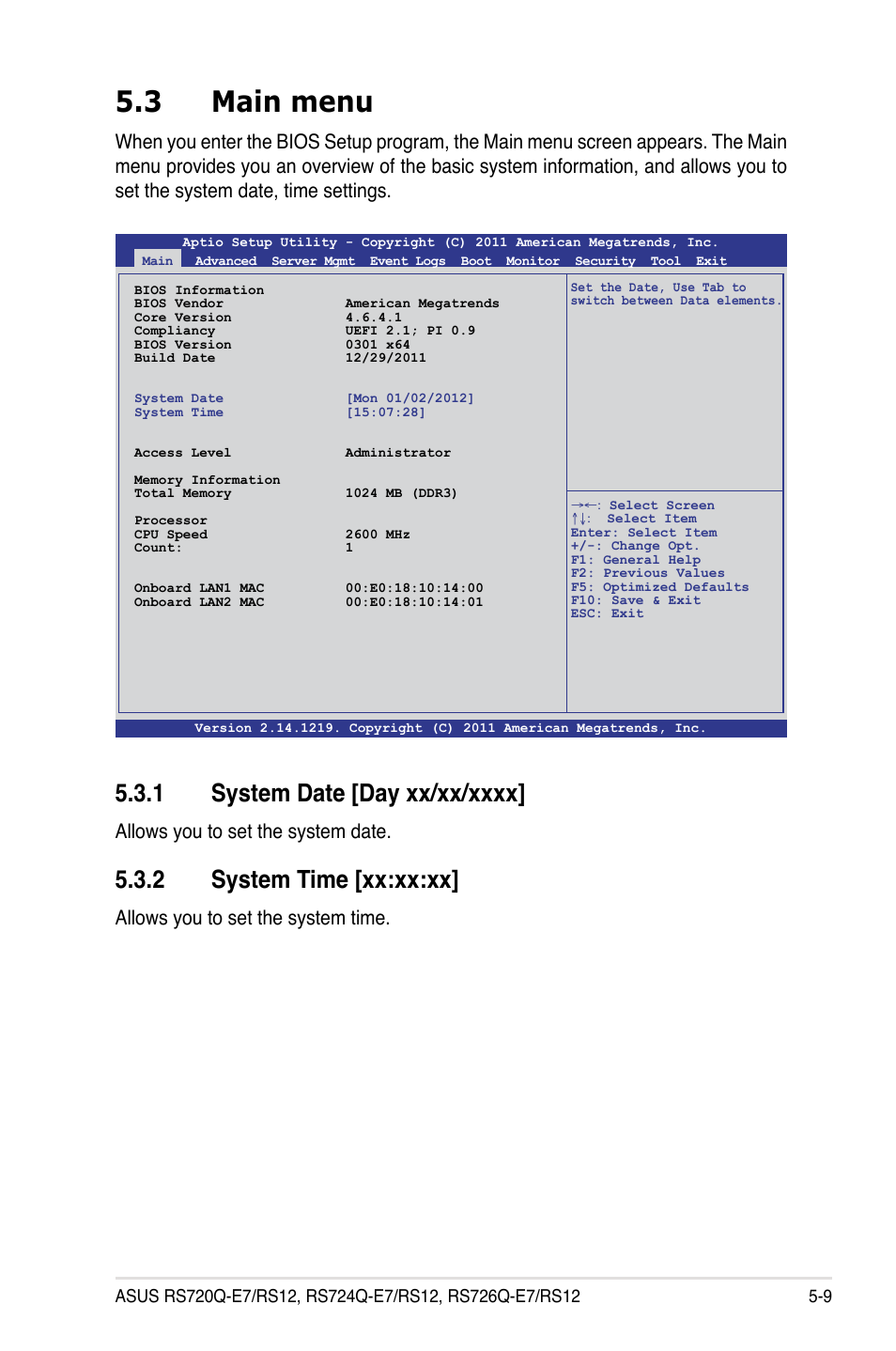 3 main menu, 1 system date [day xx/xx/xxxx, 2 system time [xx:xx:xx | Main menu -9 5.3.1, System date -9, System time -9, Allows you to set the system date, Allows you to set the system time | Asus RS726Q-E7/RS12 User Manual | Page 81 / 202