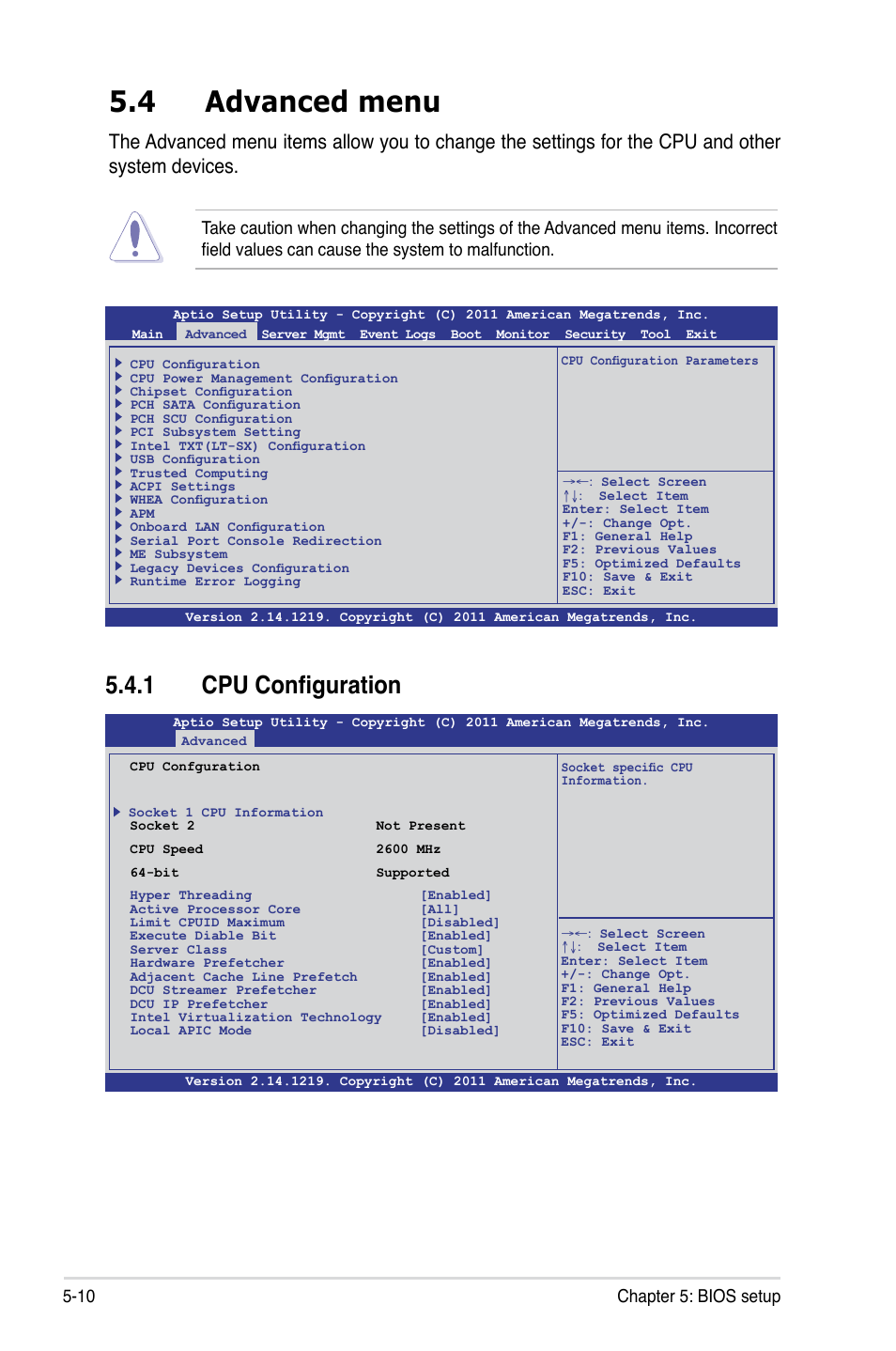 4 advanced menu, 1 cpu configuration, Advanced menu -10 5.4.1 | Cpu configuration -10, 10 chapter 5: bios setup | Asus RS726Q-E7/RS12 User Manual | Page 82 / 202