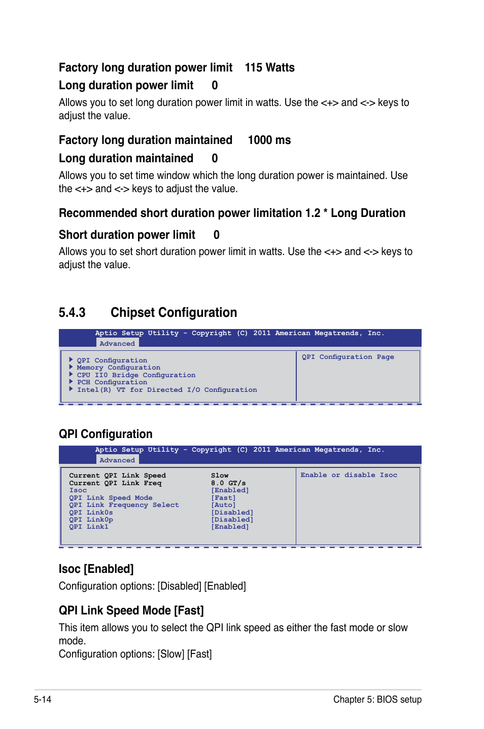 3 chipset configuration, Chipset configuration -14, Qpi configuration | Isoc [enabled, Qpi link speed mode [fast, Configuration options: [disabled] [enabled | Asus RS726Q-E7/RS12 User Manual | Page 86 / 202