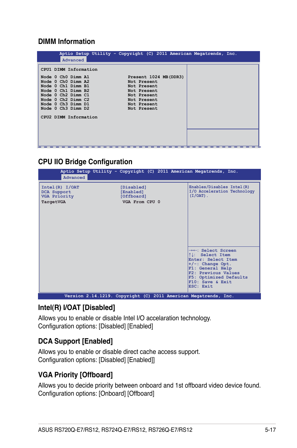 Intel(r) i/oat [disabled, Dca support [enabled, Vga priority [offboard | Cpu iio bridge configuration, Dimm information | Asus RS726Q-E7/RS12 User Manual | Page 89 / 202