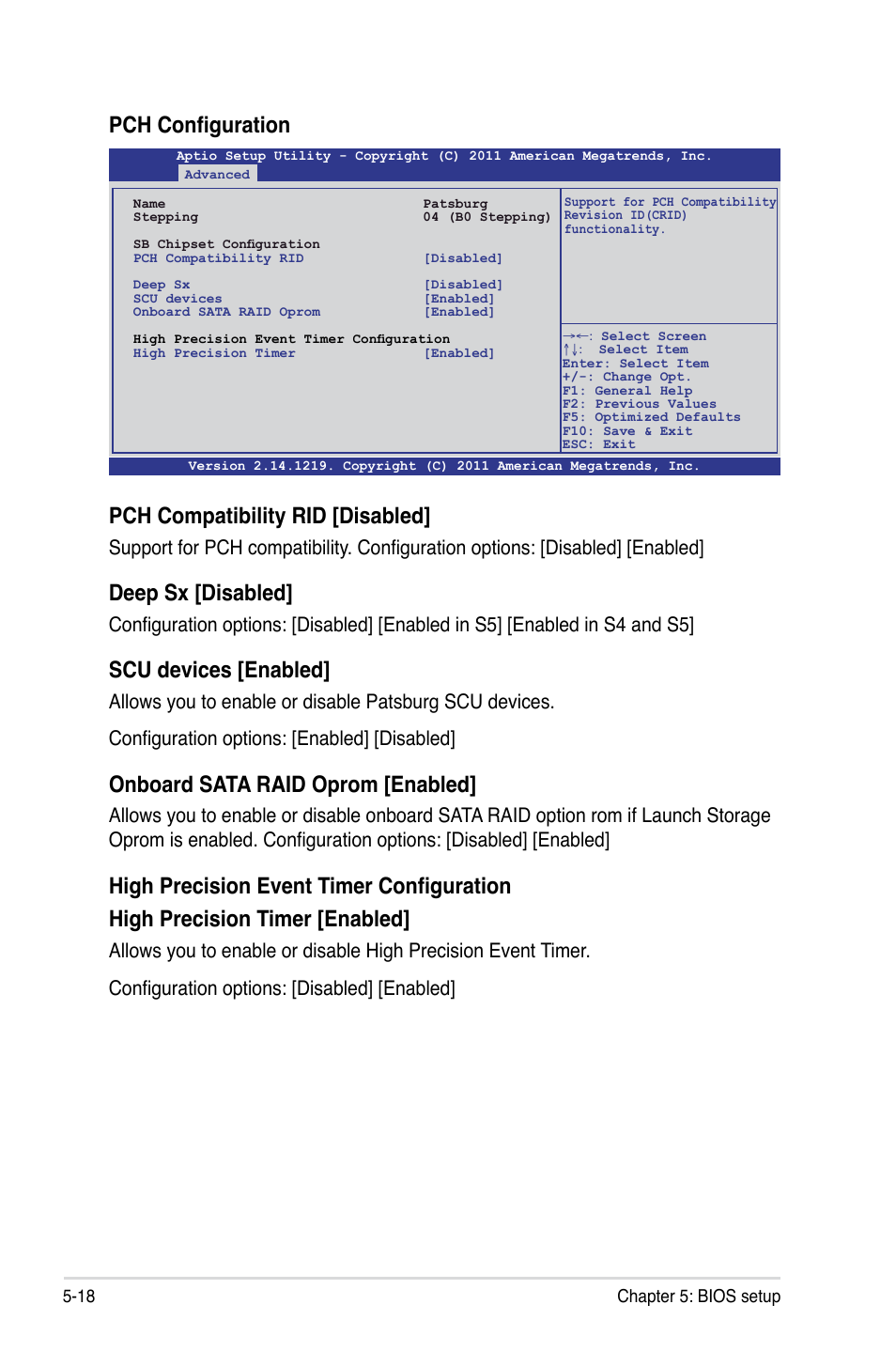 Pch configuration pch compatibility rid [disabled, Deep sx [disabled, Scu devices [enabled | Onboard sata raid oprom [enabled | Asus RS726Q-E7/RS12 User Manual | Page 90 / 202