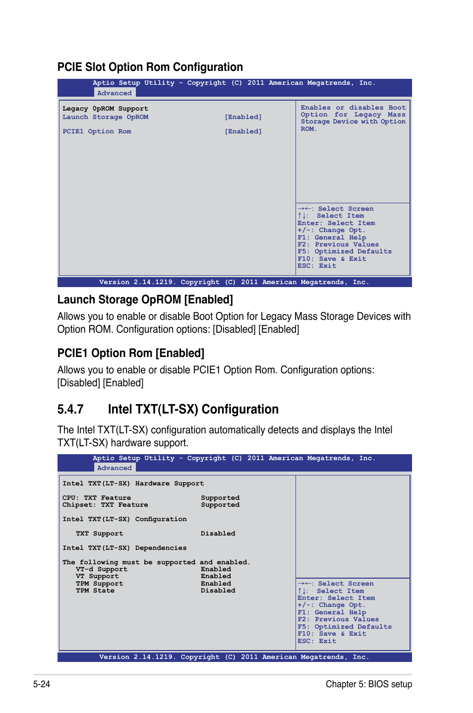 7 intel txt(lt-sx) configuration, Intel txt(lt-sx) configuration -24, Pcie slot option rom configuration | Launch storage oprom [enabled, Pcie1 option rom [enabled, 24 chapter 5: bios setup | Asus RS726Q-E7/RS12 User Manual | Page 96 / 202