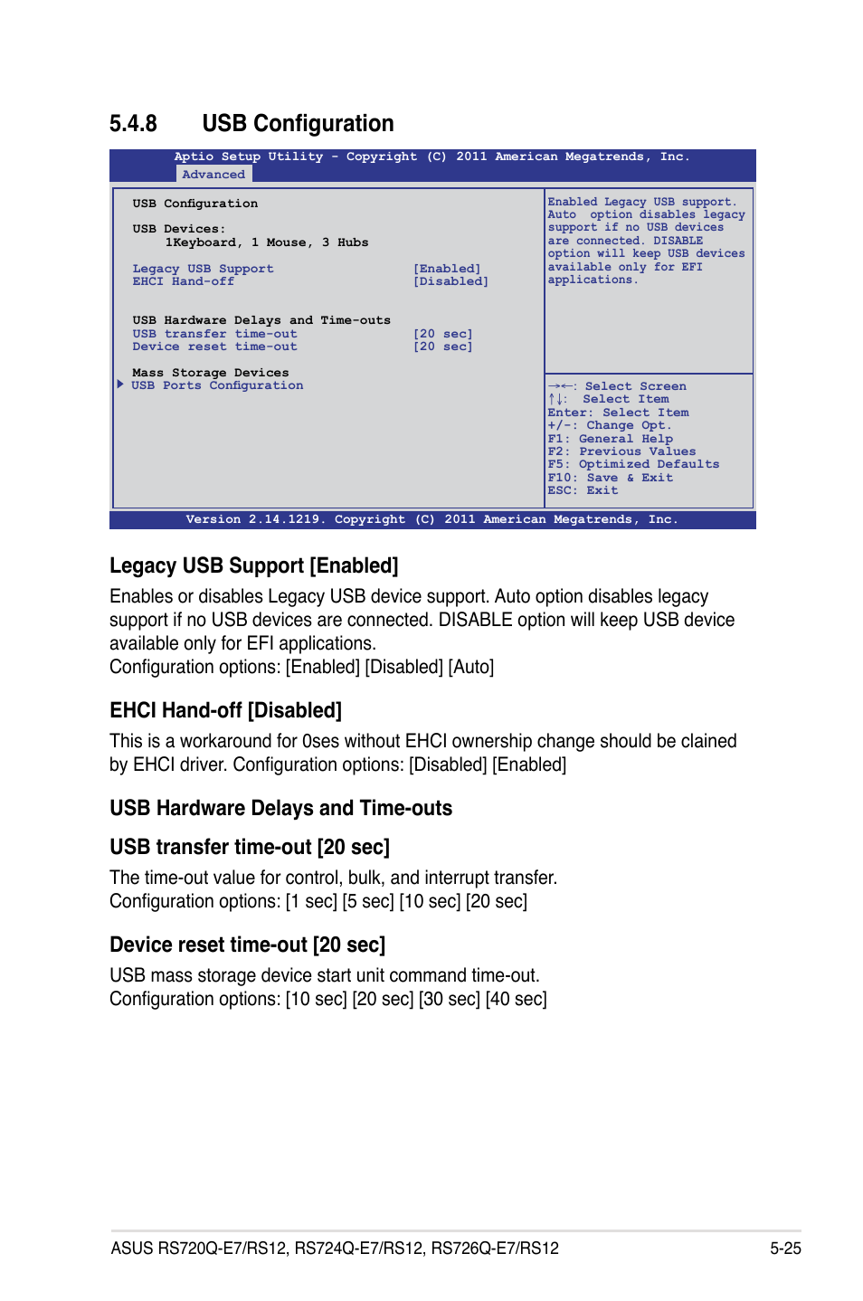 8 usb configuration, Usb configuration -25, Legacy usb support [enabled | Ehci hand-off [disabled, Device reset time-out [20 sec | Asus RS726Q-E7/RS12 User Manual | Page 97 / 202
