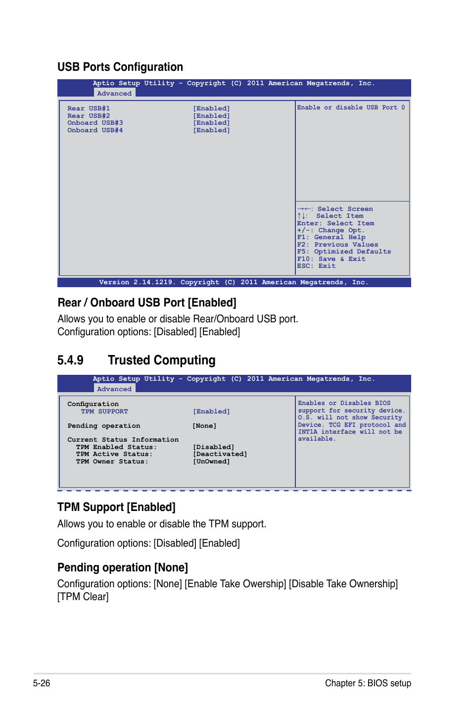 9 trusted computing, Trusted computing -26, Usb ports configuration | Rear / onboard usb port [enabled, Tpm support [enabled, Pending operation [none | Asus RS726Q-E7/RS12 User Manual | Page 98 / 202