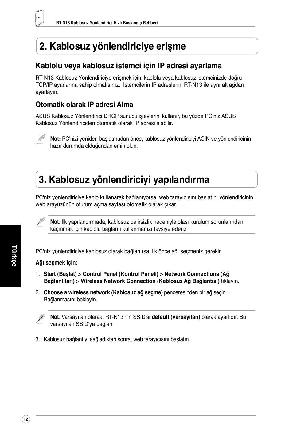 Kablosuz yönlendiriciyi yapılandırma, Kablosuz yönlendiriciye erişme, Otomatik olarak ip adresi alma | Asus RT-N13 User Manual | Page 14 / 30