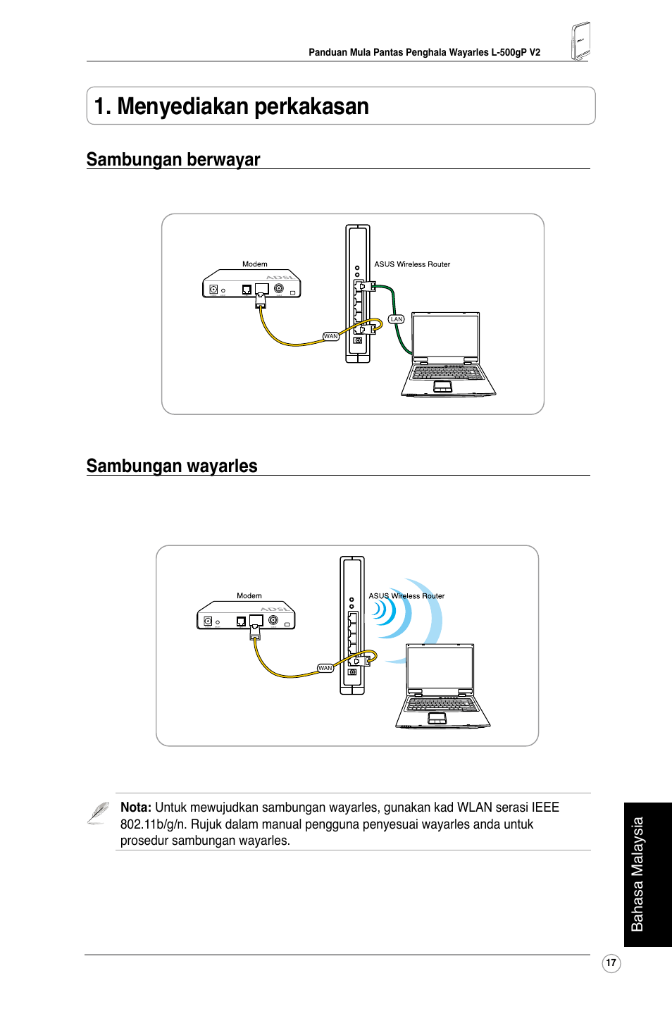 Menyediakan perkakasan, Sambungan berwayar sambungan wayarles | Asus RT-N13 User Manual | Page 19 / 30