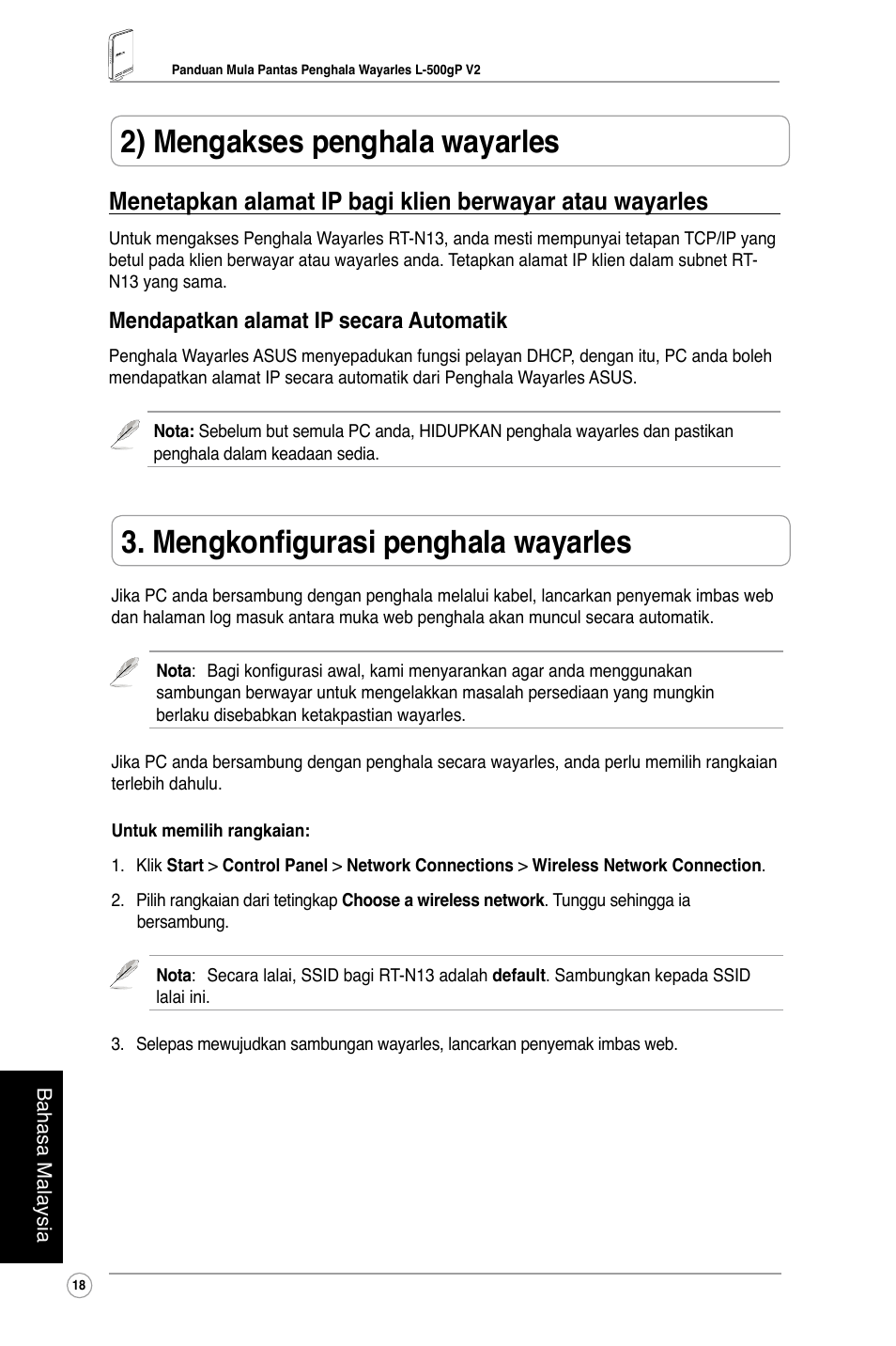 Mengkonfigurasi penghala wayarles, 2) mengakses penghala wayarles, Mendapatkan alamat ip secara automatik | Asus RT-N13 User Manual | Page 20 / 30