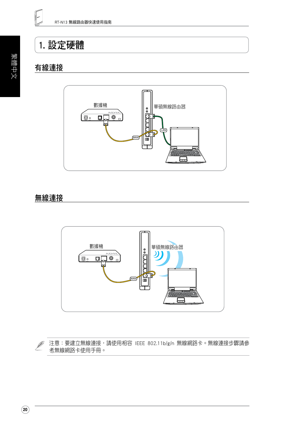 設定硬體, 有線連接 無線連接, 繁體中文 | Asus RT-N13 User Manual | Page 22 / 30