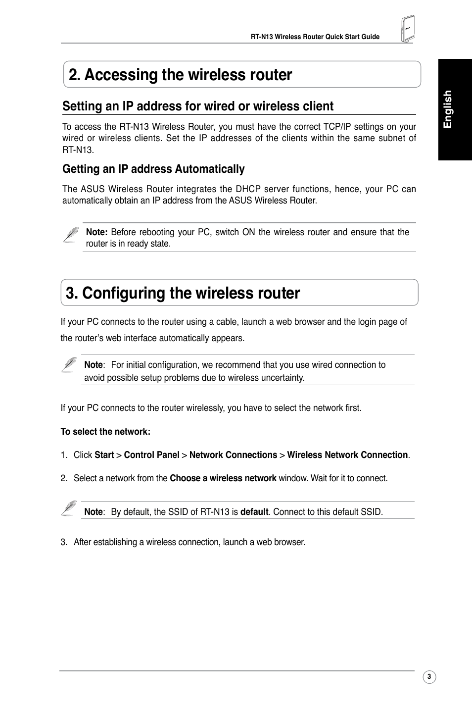 Accessing the wireless router, Configuring the wireless router, Setting an ip address for wired or wireless client | Getting an ip address automatically | Asus RT-N13 User Manual | Page 5 / 30