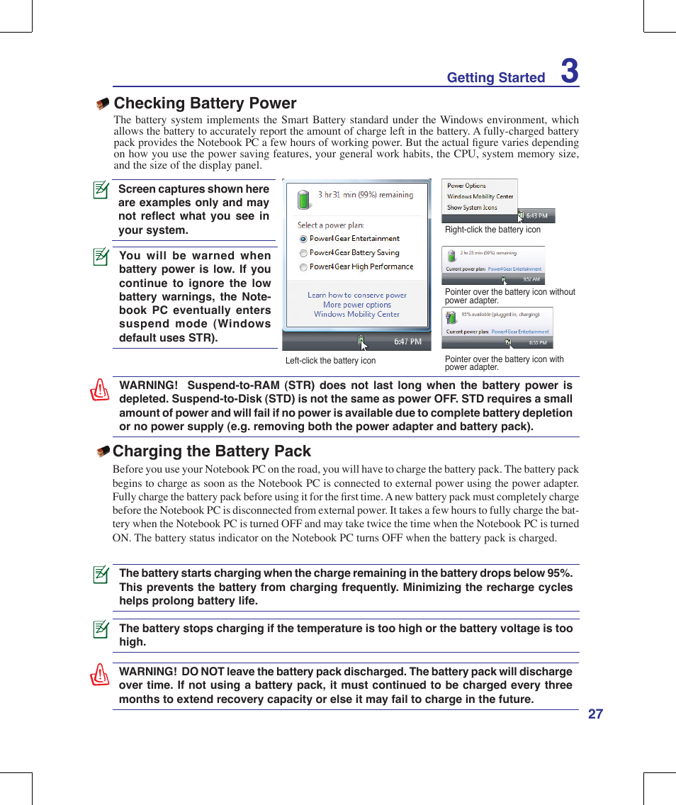 Checking battery power, Charging the battery pack | Asus X56VR User Manual | Page 27 / 89