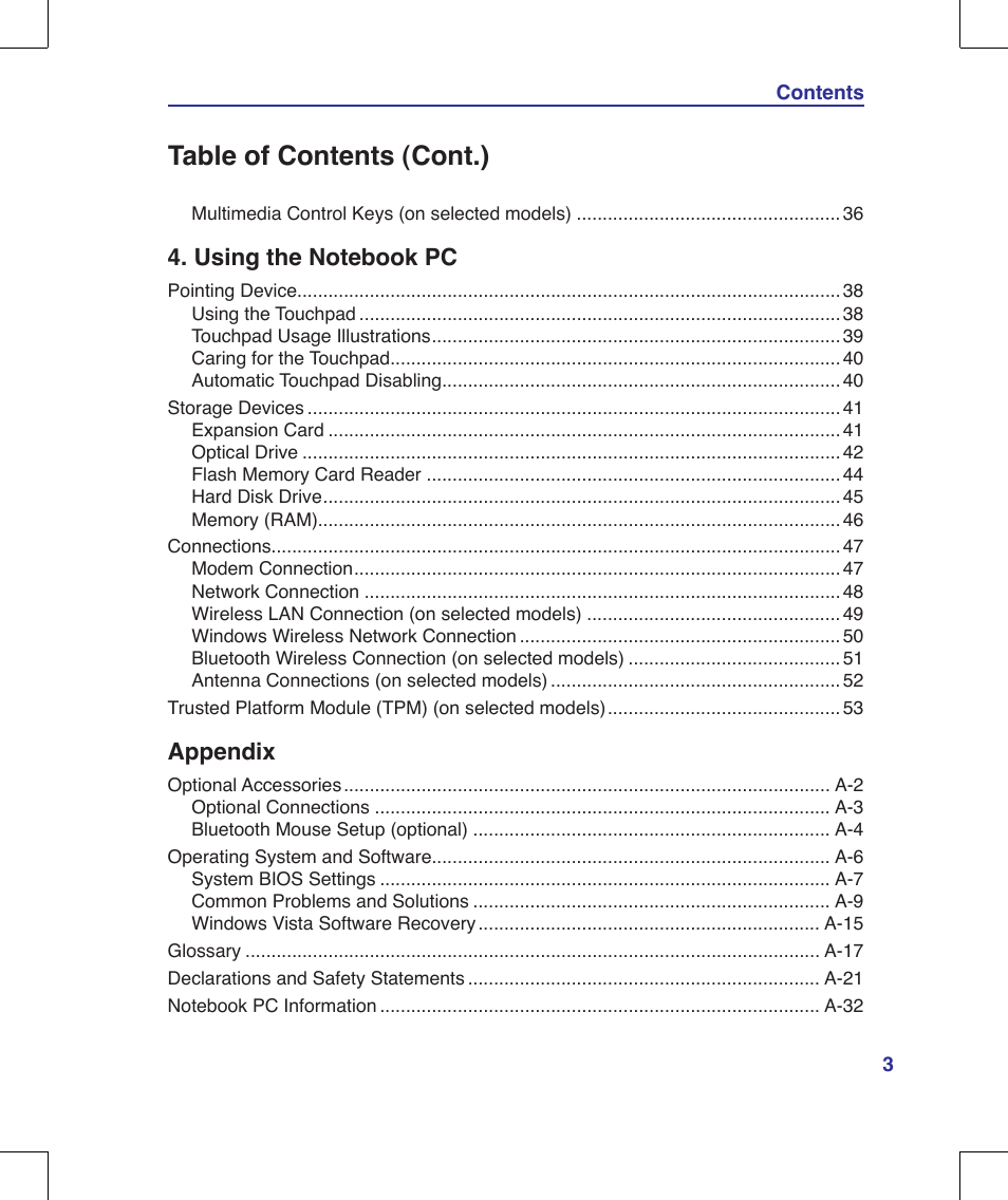 Table of contents (cont.), Appendix | Asus X56VR User Manual | Page 3 / 89