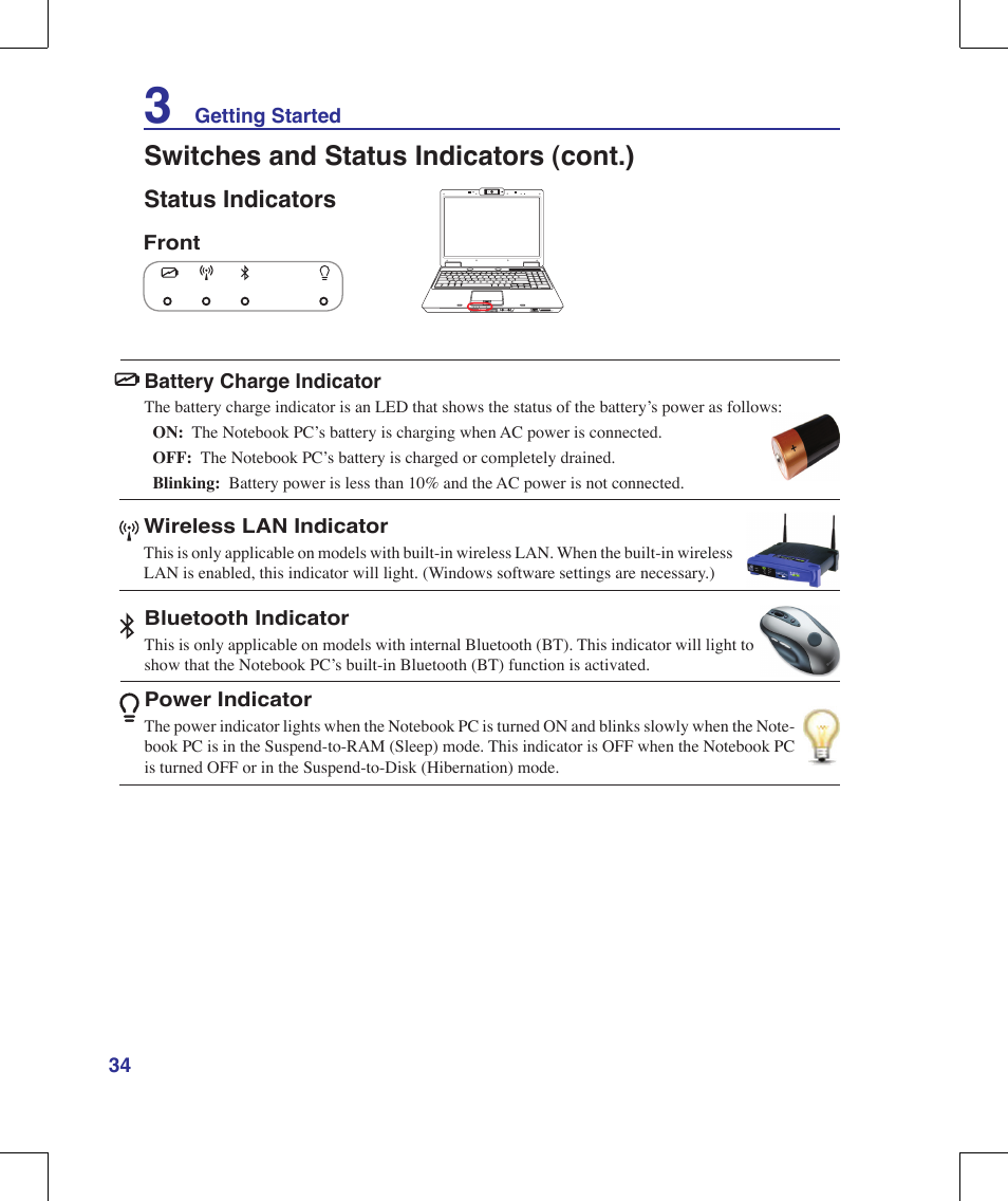 Status indicators, Switches and status indicators (cont.) | Asus X56VR User Manual | Page 34 / 89