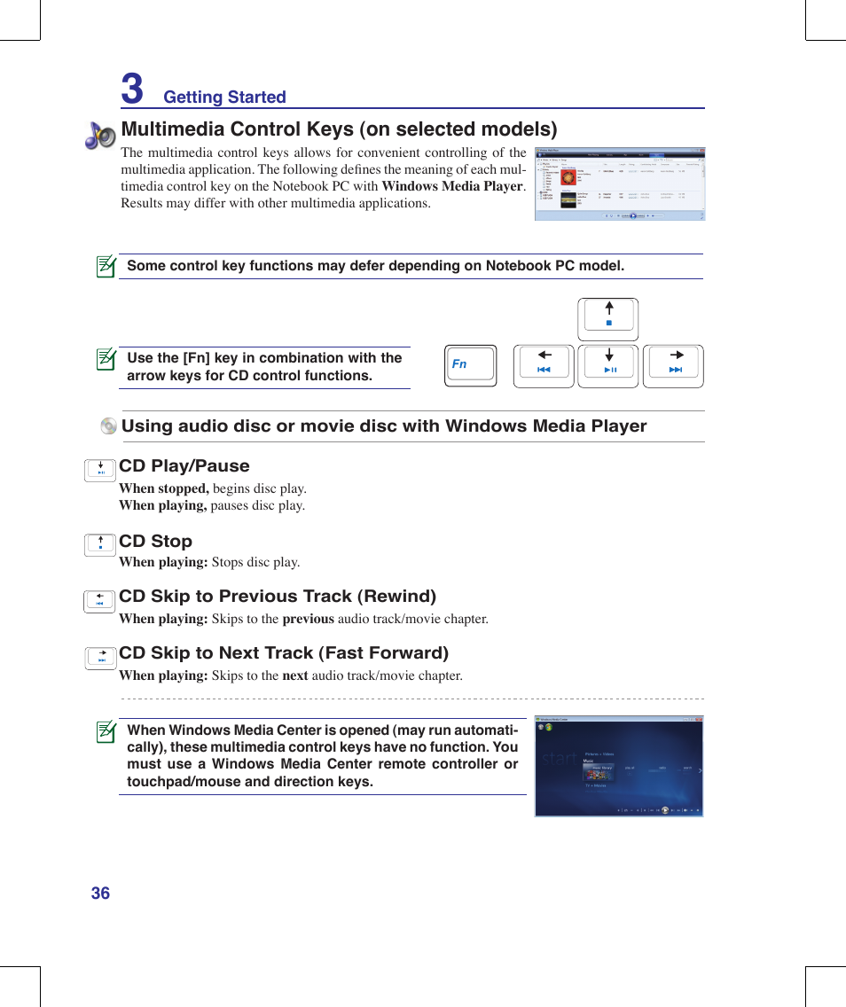 Multimedia control keys (on selected models) | Asus X56VR User Manual | Page 36 / 89