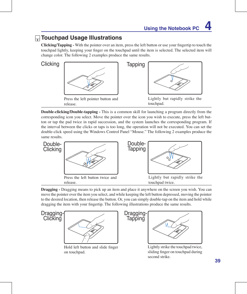 Touchpad usage illustrations | Asus X56VR User Manual | Page 39 / 89