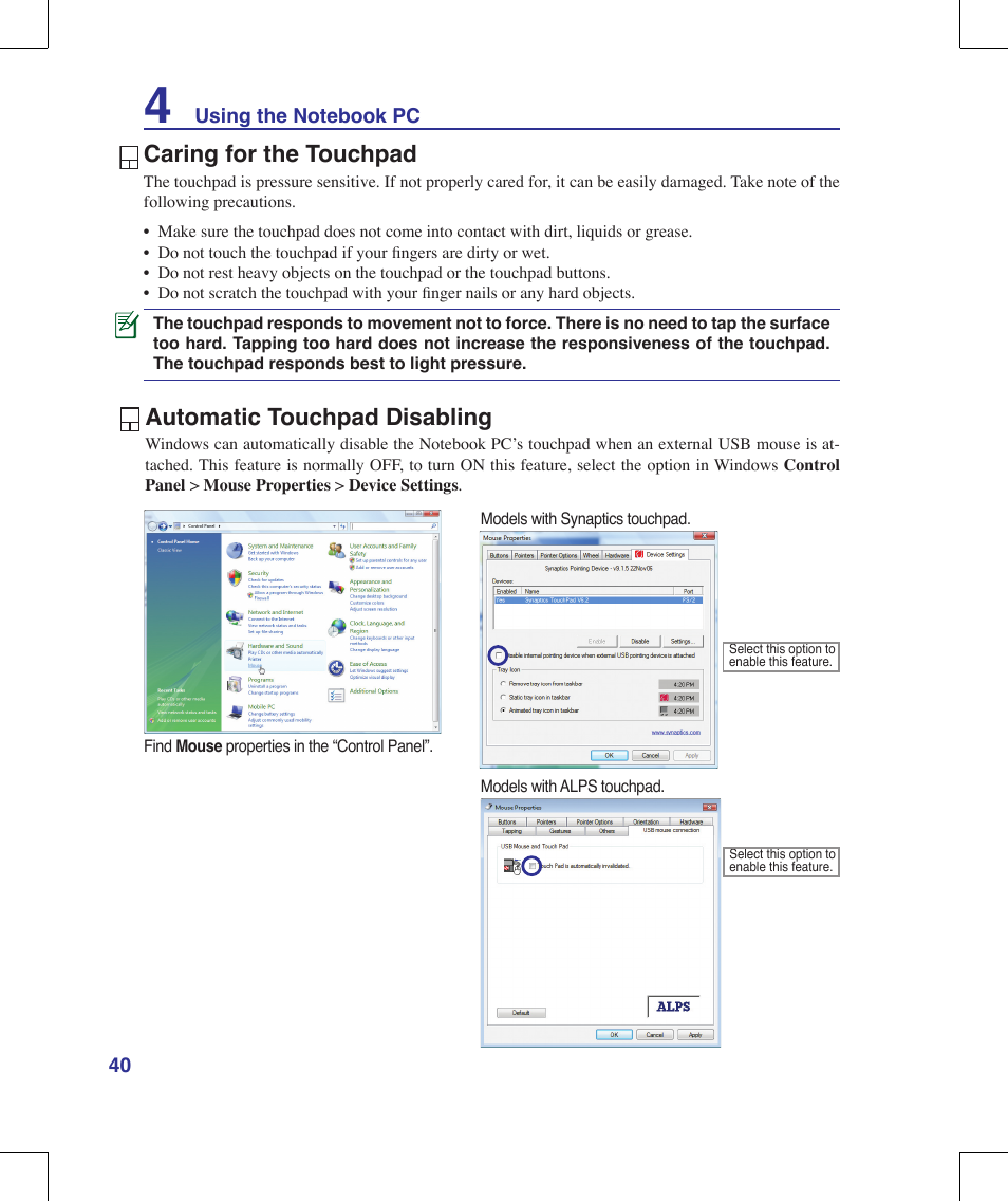 Caring for the touchpad, Automatic touchpad disabling | Asus X56VR User Manual | Page 40 / 89