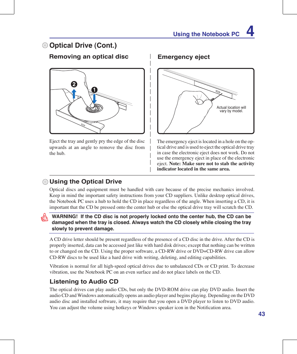 Optical drive (cont.) | Asus X56VR User Manual | Page 43 / 89