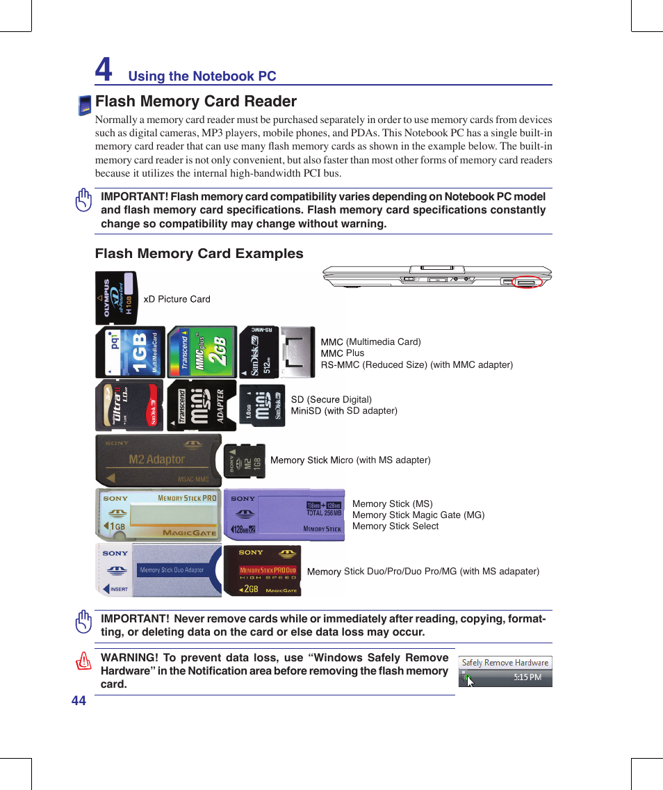 Flash memory card reader | Asus X56VR User Manual | Page 44 / 89