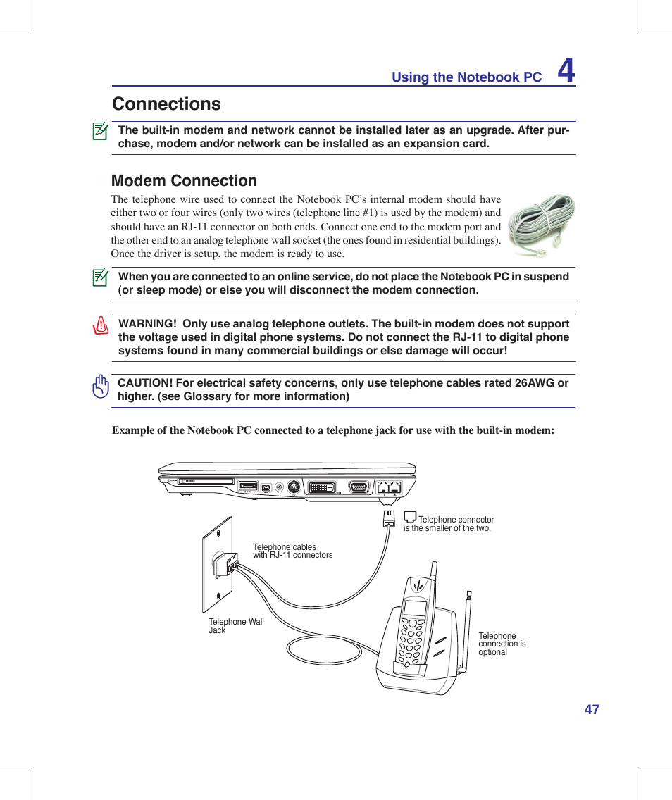 Connections, Modem connection | Asus X56VR User Manual | Page 47 / 89