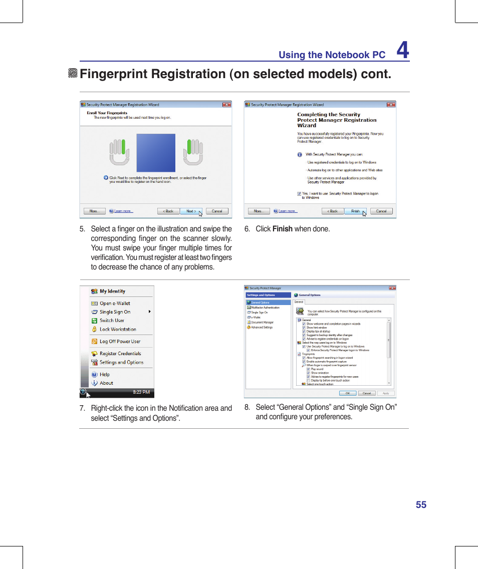 Fingerprint registration (on selected models) cont | Asus X56VR User Manual | Page 55 / 89