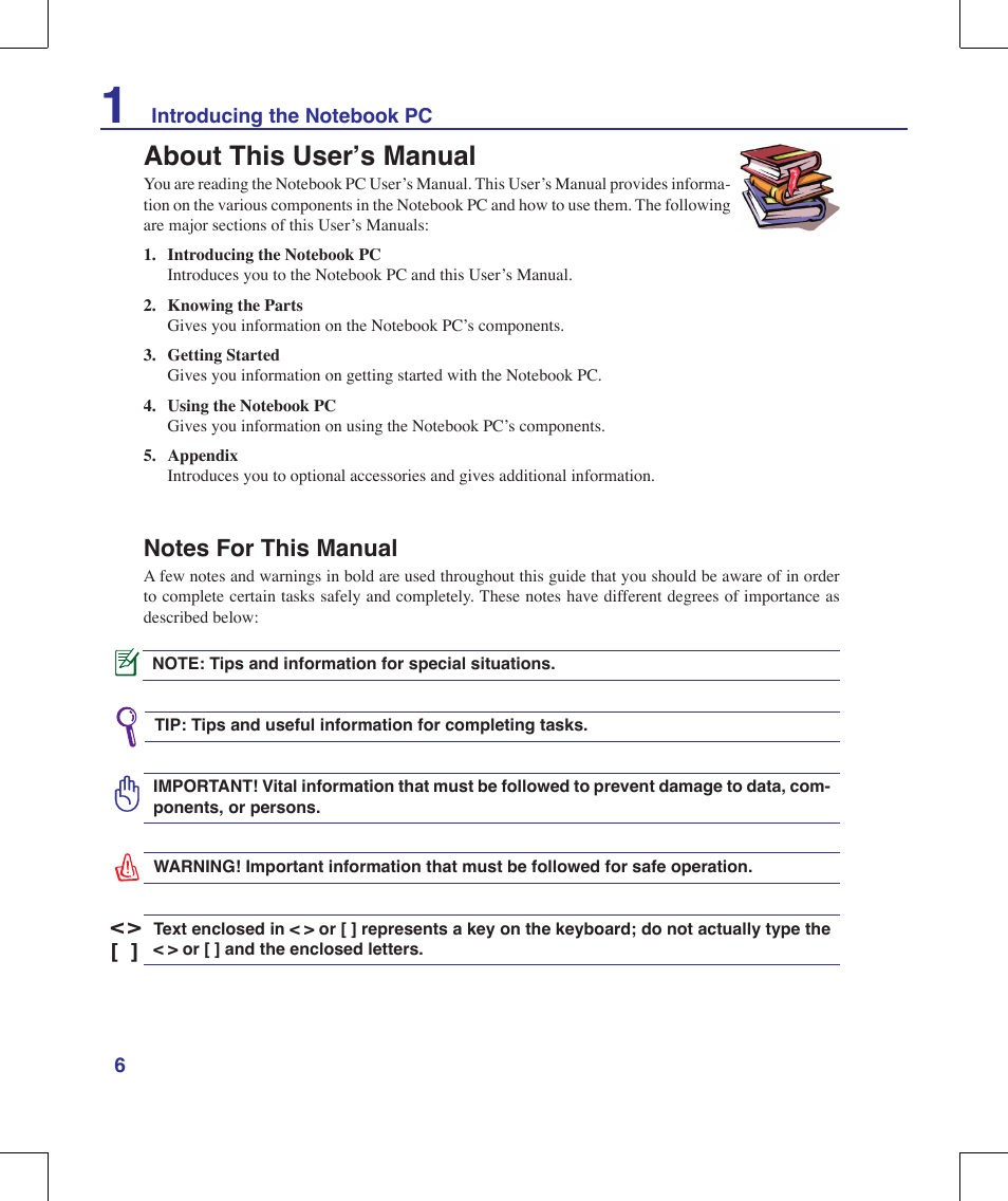 About this user’s manual, Notes for this manual | Asus X56VR User Manual | Page 6 / 89