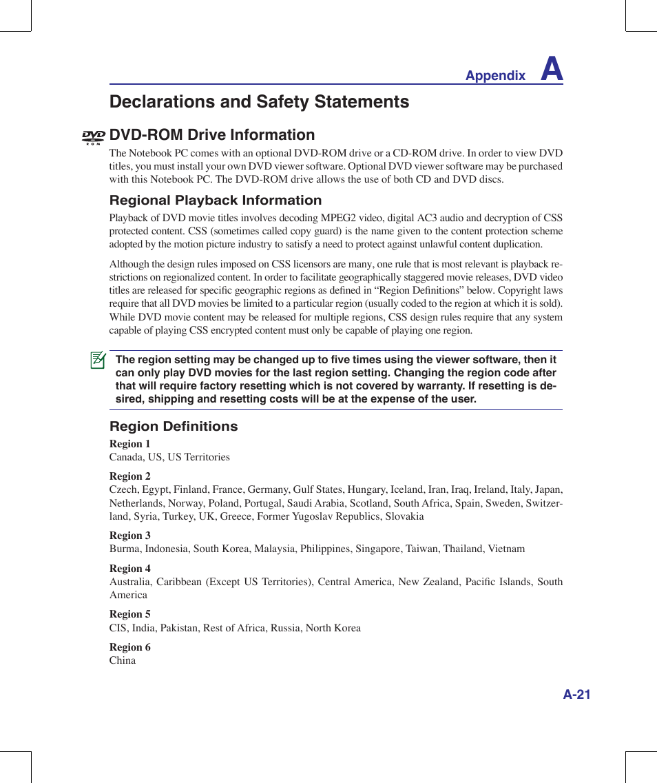 Declarations and safety statements, Dvd-rom drive information | Asus X56VR User Manual | Page 77 / 89