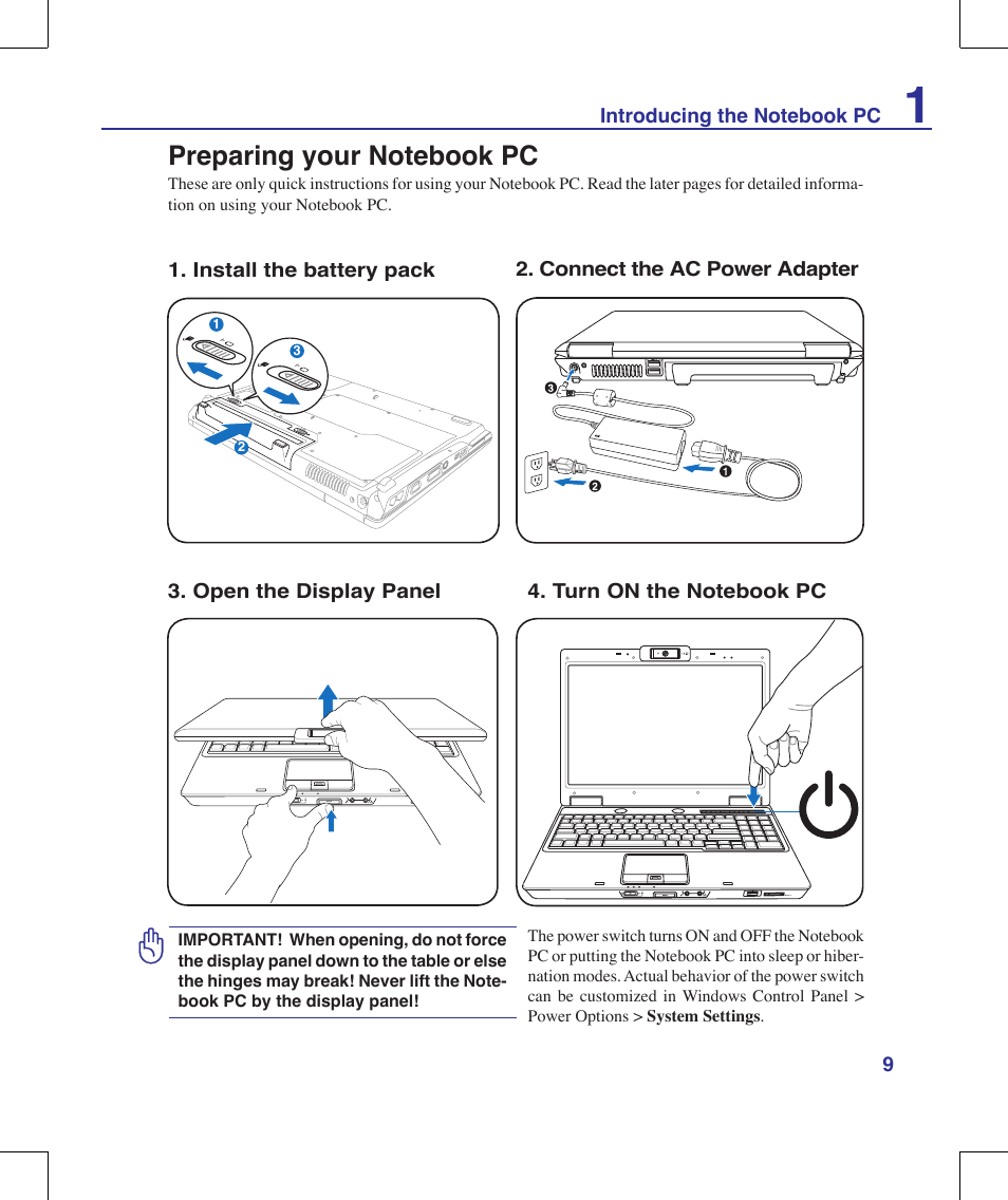 Preparing your notebook pc | Asus X56VR User Manual | Page 9 / 89