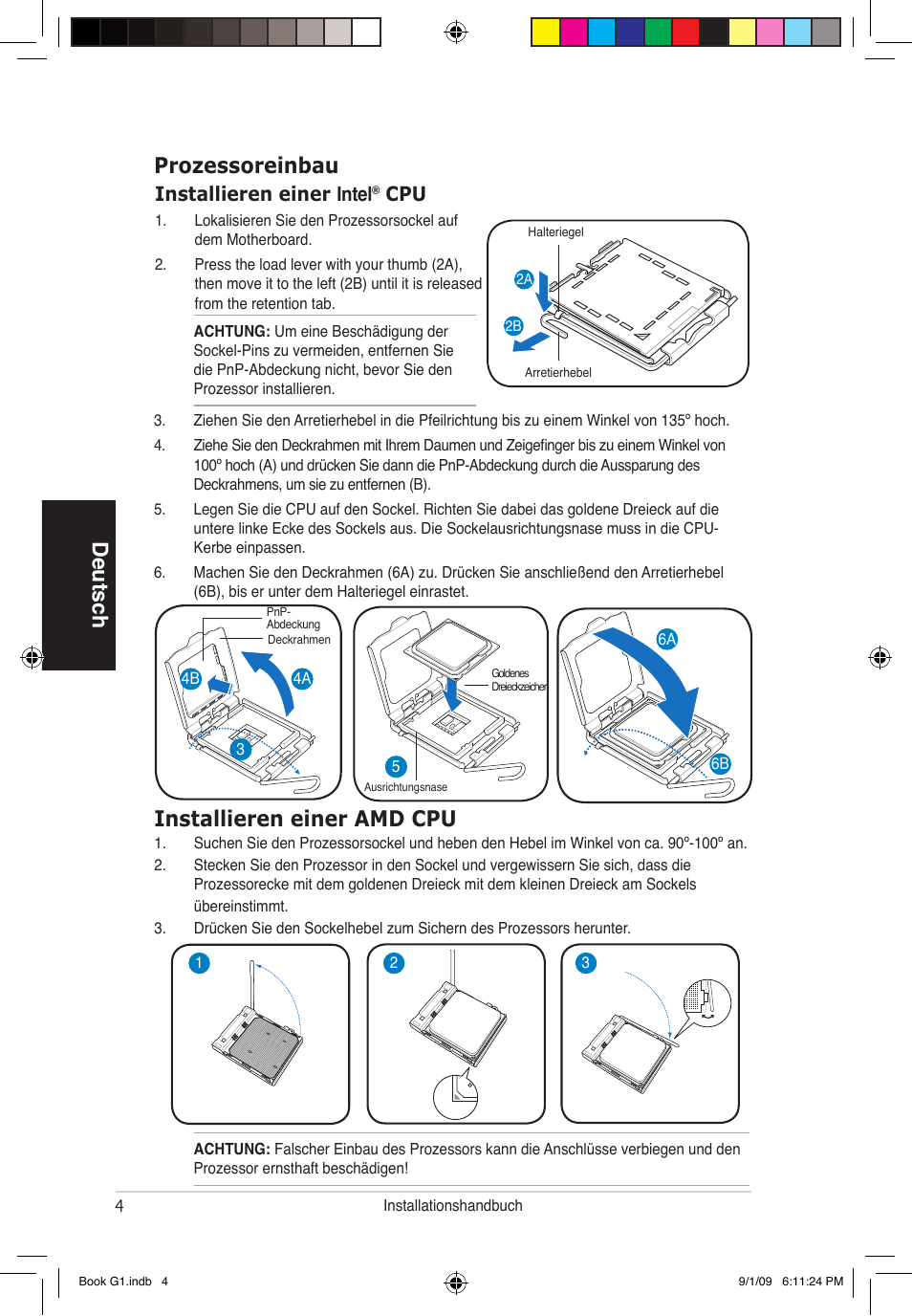 Deutsch prozessoreinbau, Installieren einer amd cpu, Installieren einer intel | Asus G1-P5G43 User Manual | Page 20 / 80