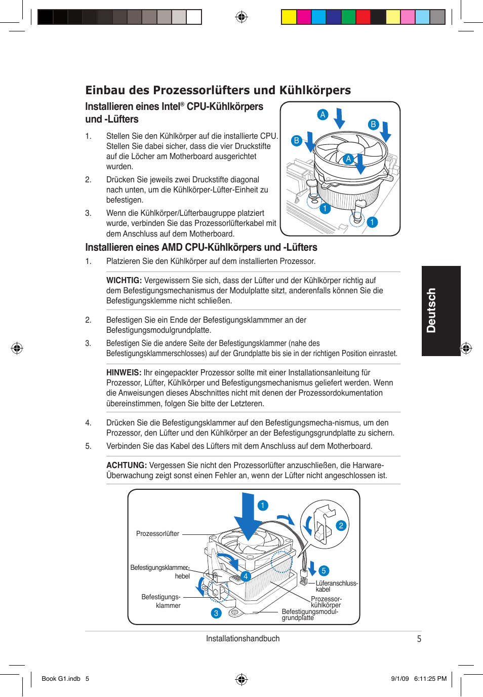 Installieren eines intel, Cpu-kühlkörpers und -lüfters | Asus G1-P5G43 User Manual | Page 21 / 80