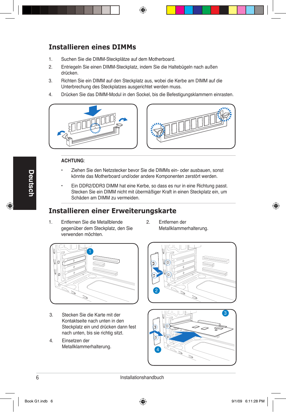 Deutsch installieren einer erweiterungskarte, Installieren eines dimms | Asus G1-P5G43 User Manual | Page 22 / 80