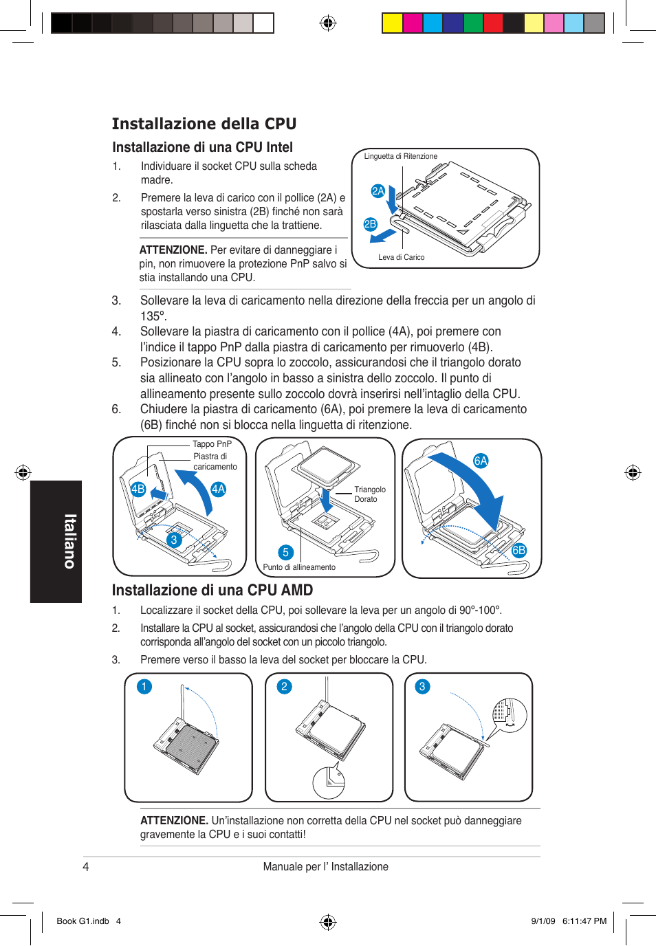 Italiano installazione della cpu, Installazione di una cpu amd, Installazione di una cpu intel | Asus G1-P5G43 User Manual | Page 28 / 80