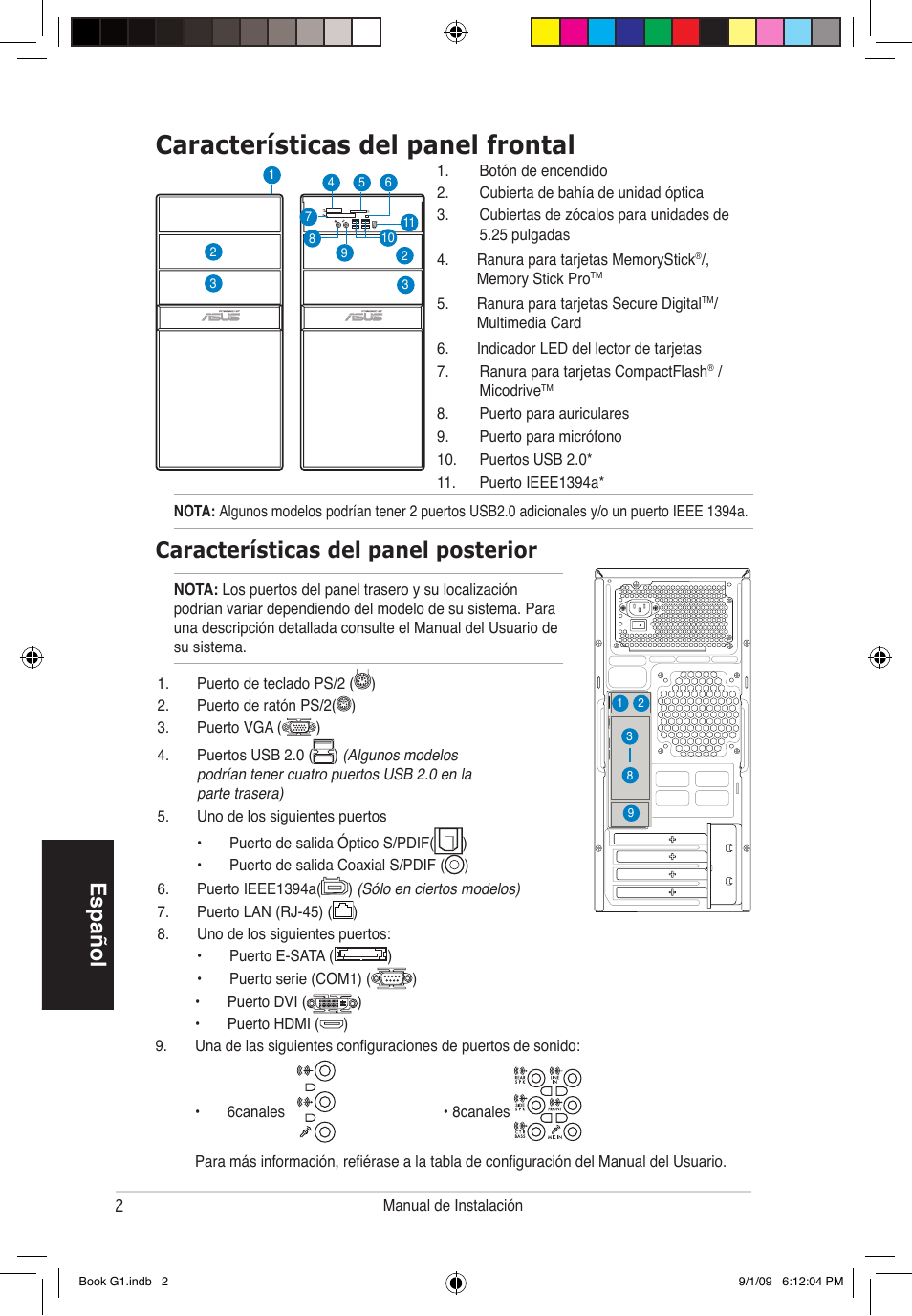 Características del panel frontal, Español características del panel posterior | Asus G1-P5G43 User Manual | Page 34 / 80