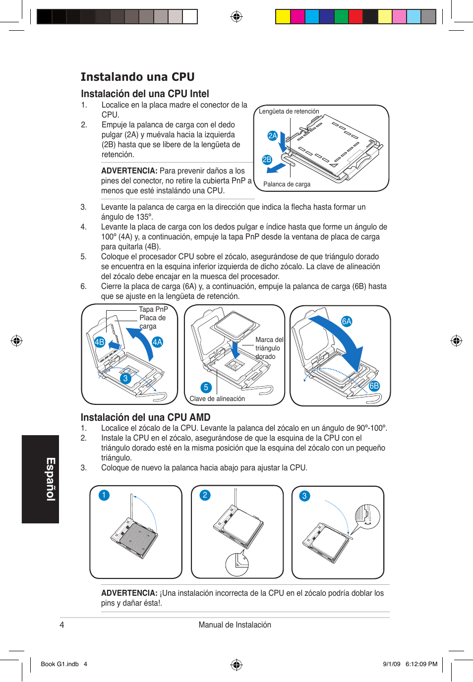 Español instalando una cpu, Instalación del una cpu intel, Instalación del una cpu amd | Asus G1-P5G43 User Manual | Page 36 / 80