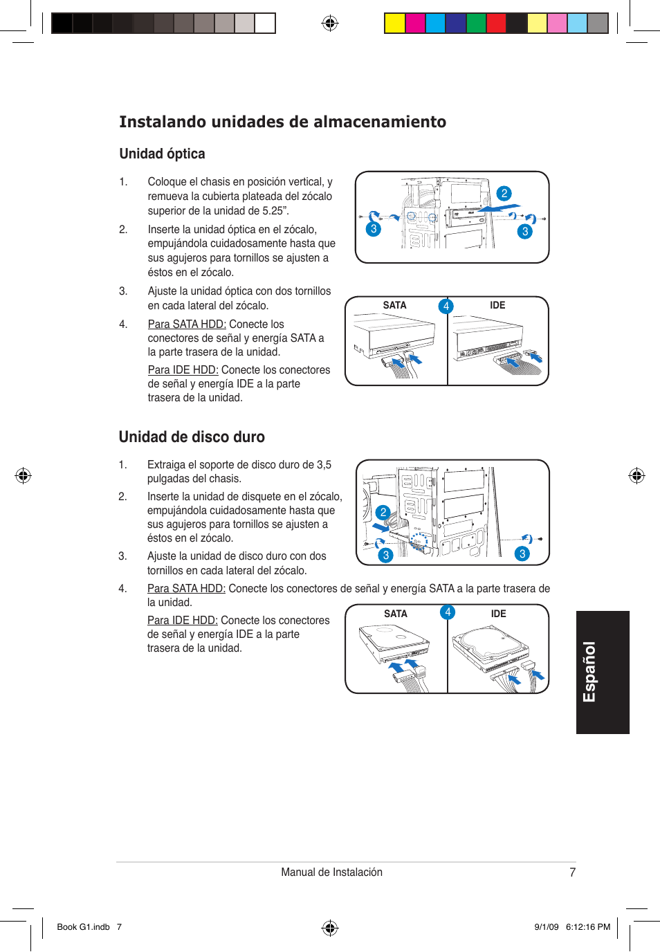 Español unidad de disco duro, Instalando unidades de almacenamiento, Unidad óptica | Asus G1-P5G43 User Manual | Page 39 / 80