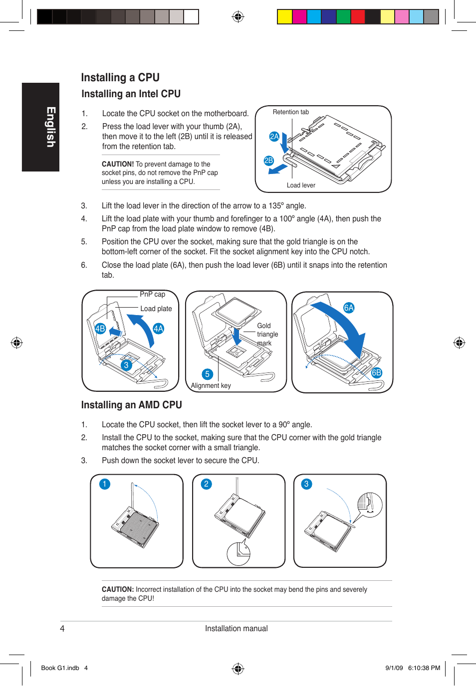 English installing a cpu, Installing an intel cpu, Installing an amd cpu | Asus G1-P5G43 User Manual | Page 4 / 80