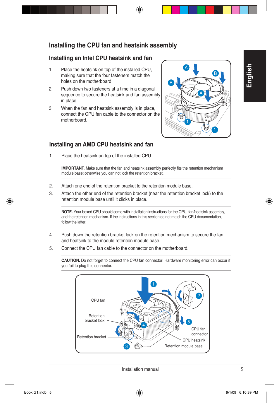 Installing an intel cpu heatsink and fan, Installing an amd cpu heatsink and fan | Asus G1-P5G43 User Manual | Page 5 / 80