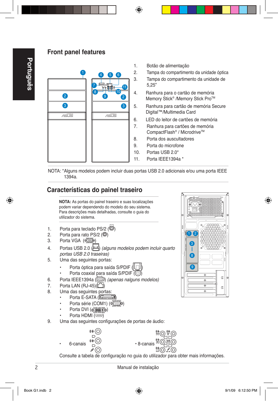 Português características do painel traseiro, Front panel features | Asus G1-P5G43 User Manual | Page 50 / 80