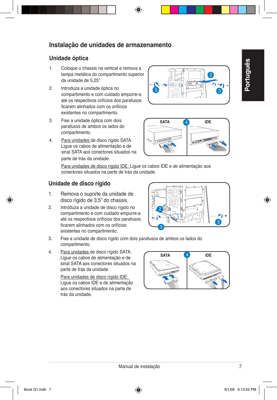 Português, Instalação de unidades de armazenamento, Unidade de disco rígido | Unidade óptica | Asus G1-P5G43 User Manual | Page 55 / 80