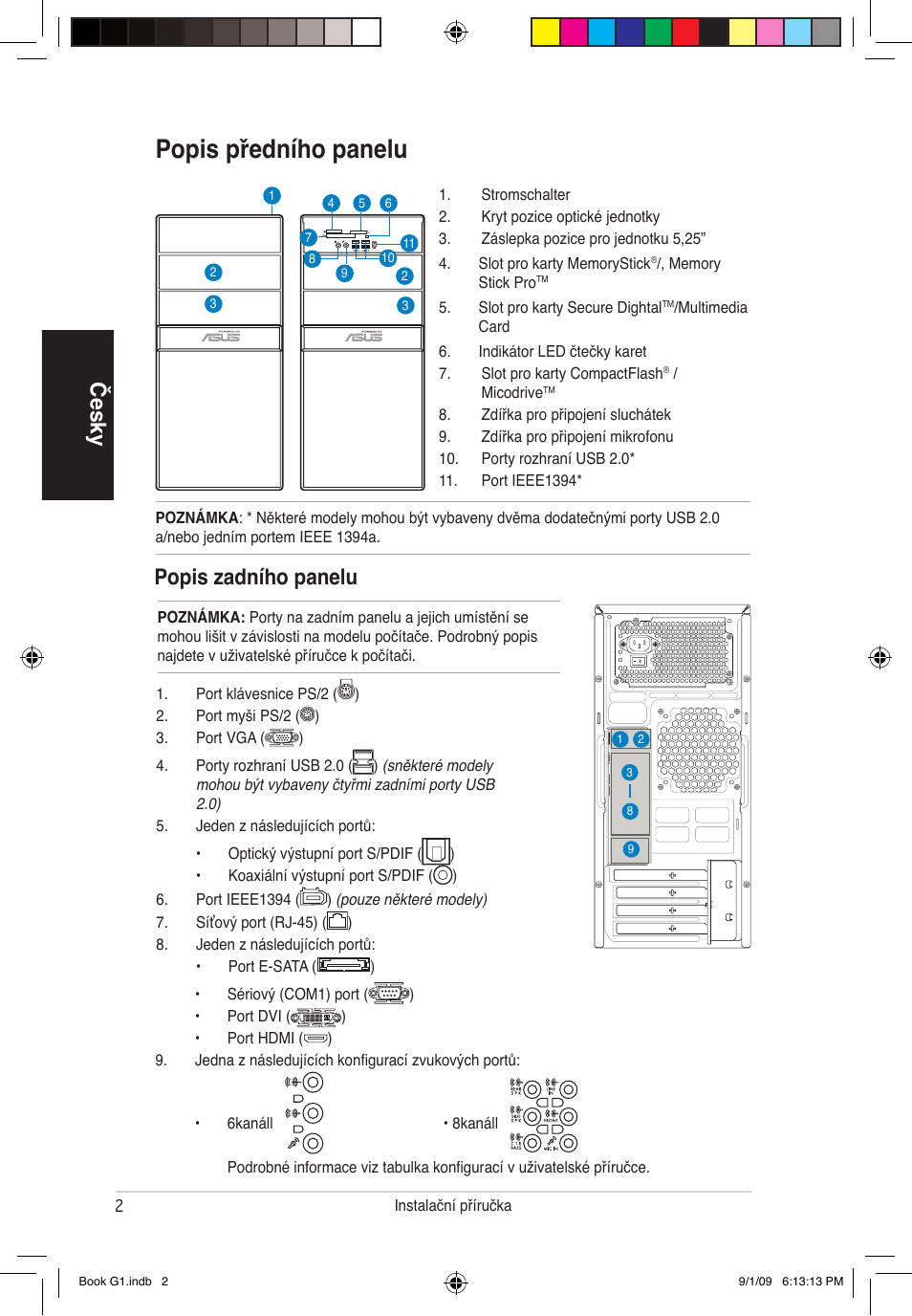 Popis předního panelu, Česky popis zadního panelu | Asus G1-P5G43 User Manual | Page 58 / 80