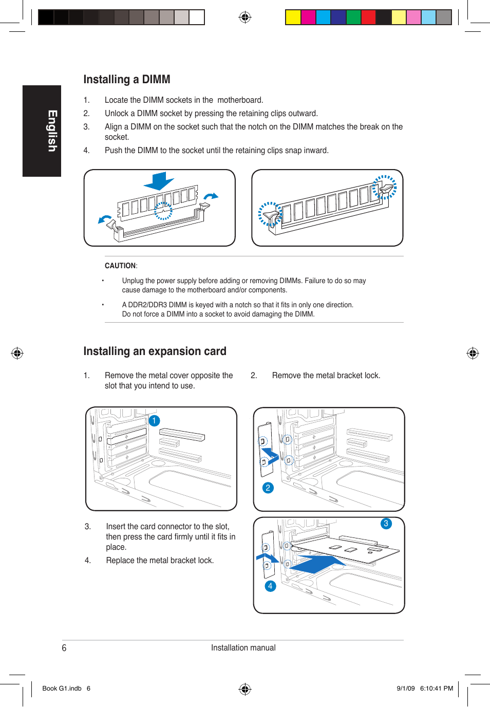 English installing an expansion card, Installing a dimm | Asus G1-P5G43 User Manual | Page 6 / 80