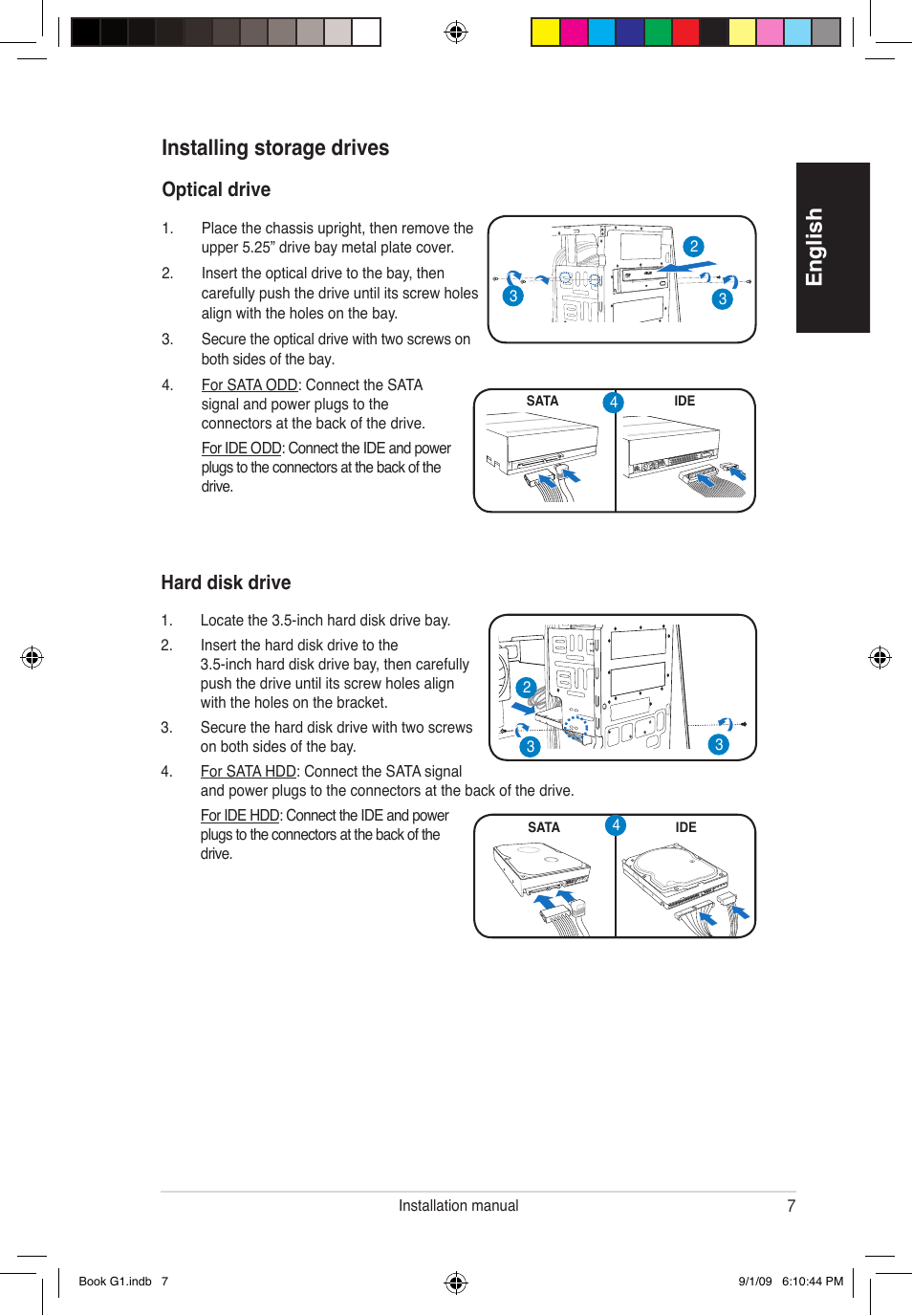 English, Installing storage drives, Hard disk drive | Optical drive | Asus G1-P5G43 User Manual | Page 7 / 80