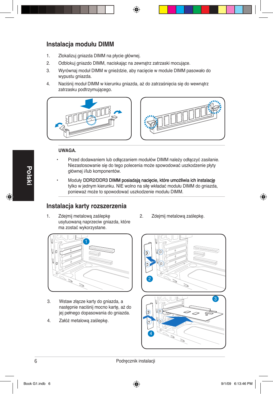 Polski instalacja karty rozszerzenia, Instalacja modułu dimm | Asus G1-P5G43 User Manual | Page 70 / 80