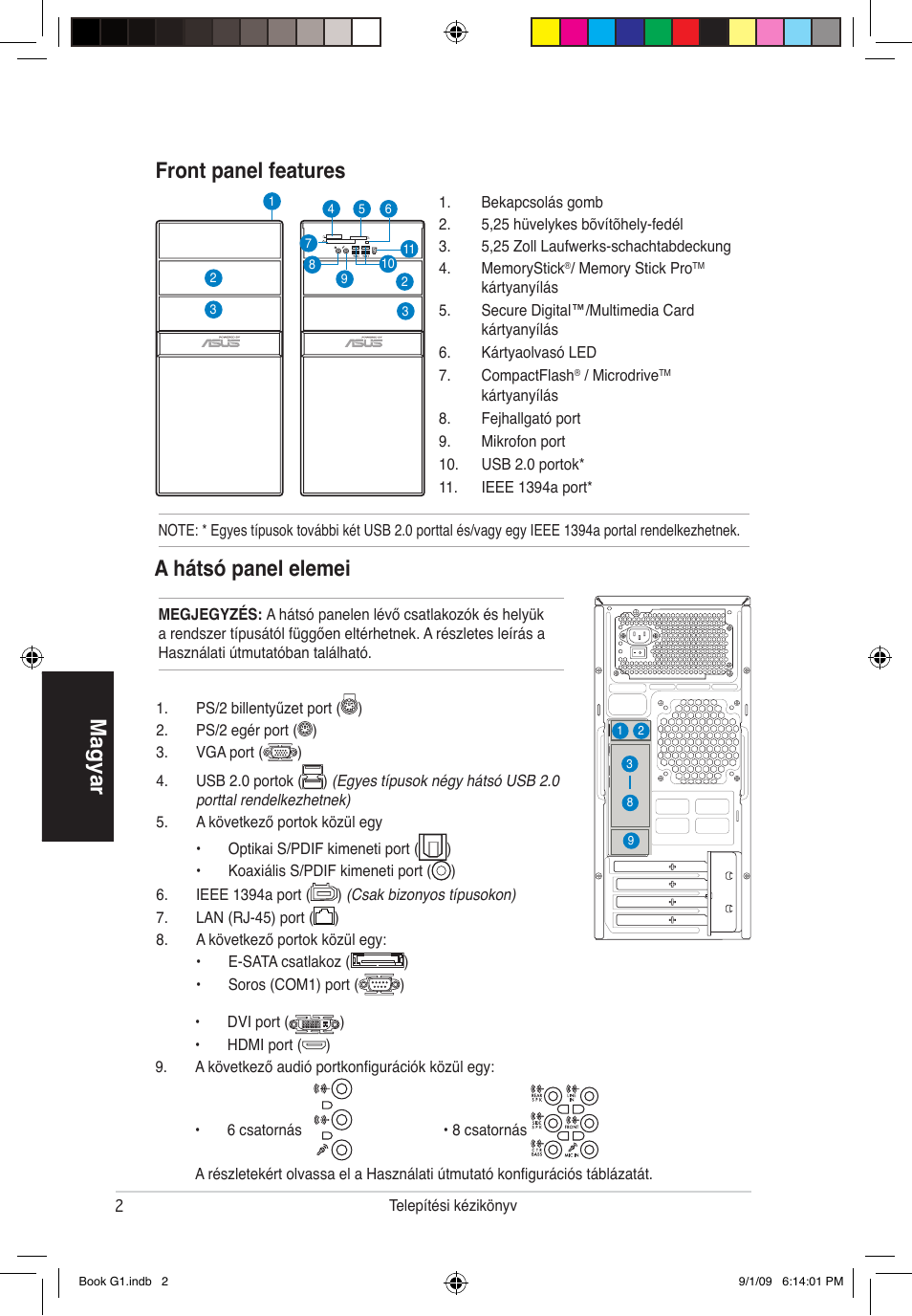 Magyar a hátsó panel elemei, Front panel features | Asus G1-P5G43 User Manual | Page 74 / 80