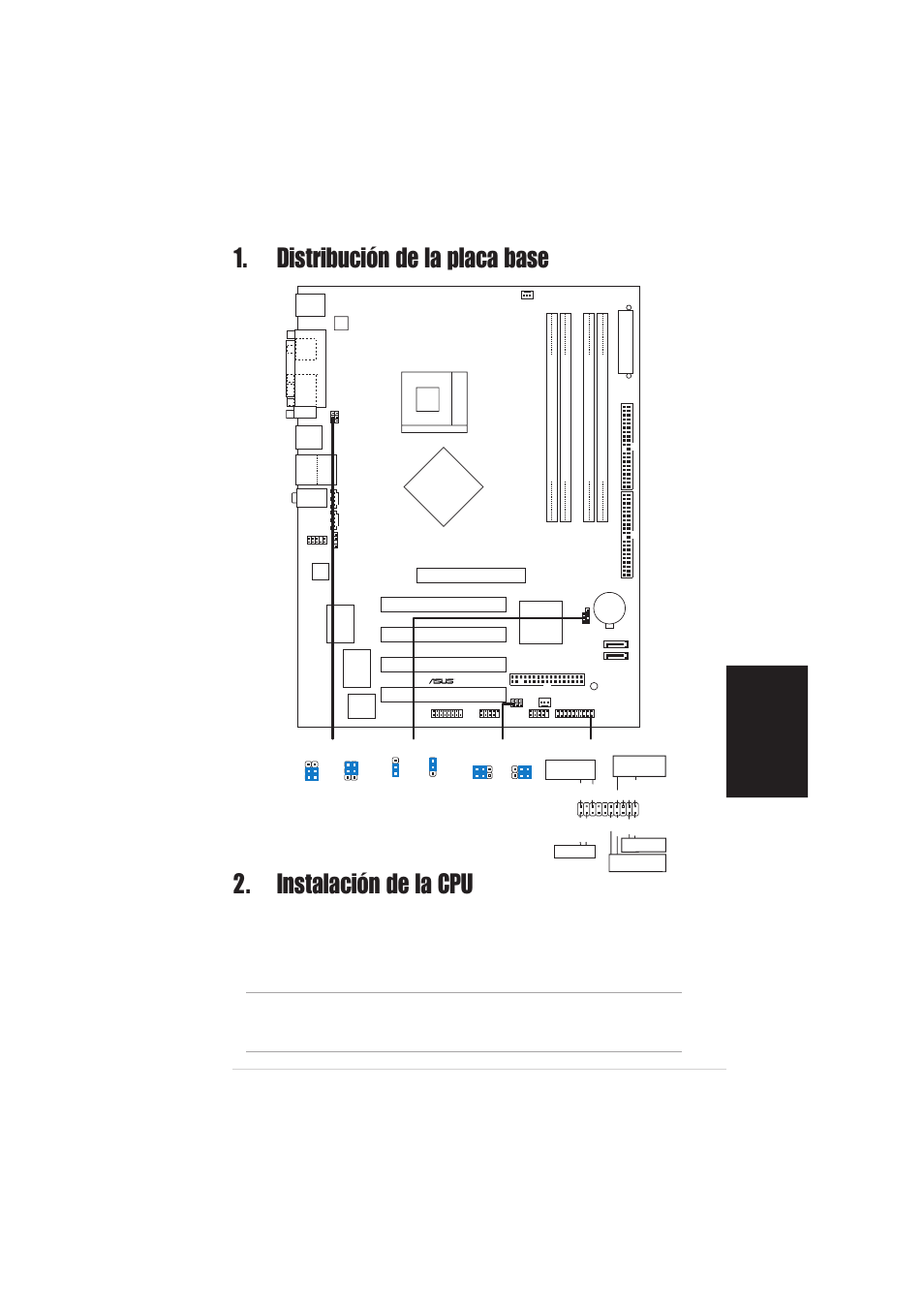 Instalación de la cpu, Distribución de la placa base, Espa ñ ol | Placa base asus p4p800-x, Pci1, Pci2 pci3 pci4 | Asus P4P800-X User Manual | Page 11 / 16