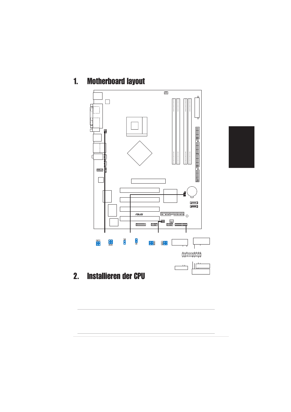 Installieren der cpu, Motherboard layout, Deutsch | Asus p4p800-x-motherboard, Pci1, Pci2 pci3 pci4 | Asus P4P800-X User Manual | Page 5 / 16