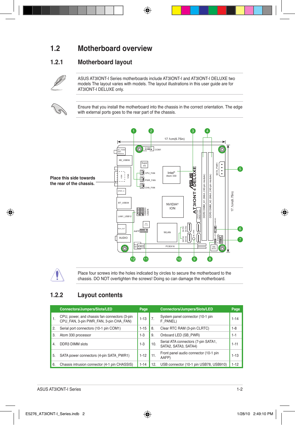 2 motherboard overview, 2 layout contents, 1 motherboard layout | Asus at3iont-i series 1-2 | Asus AT3IONT-I DELUXE User Manual | Page 11 / 46