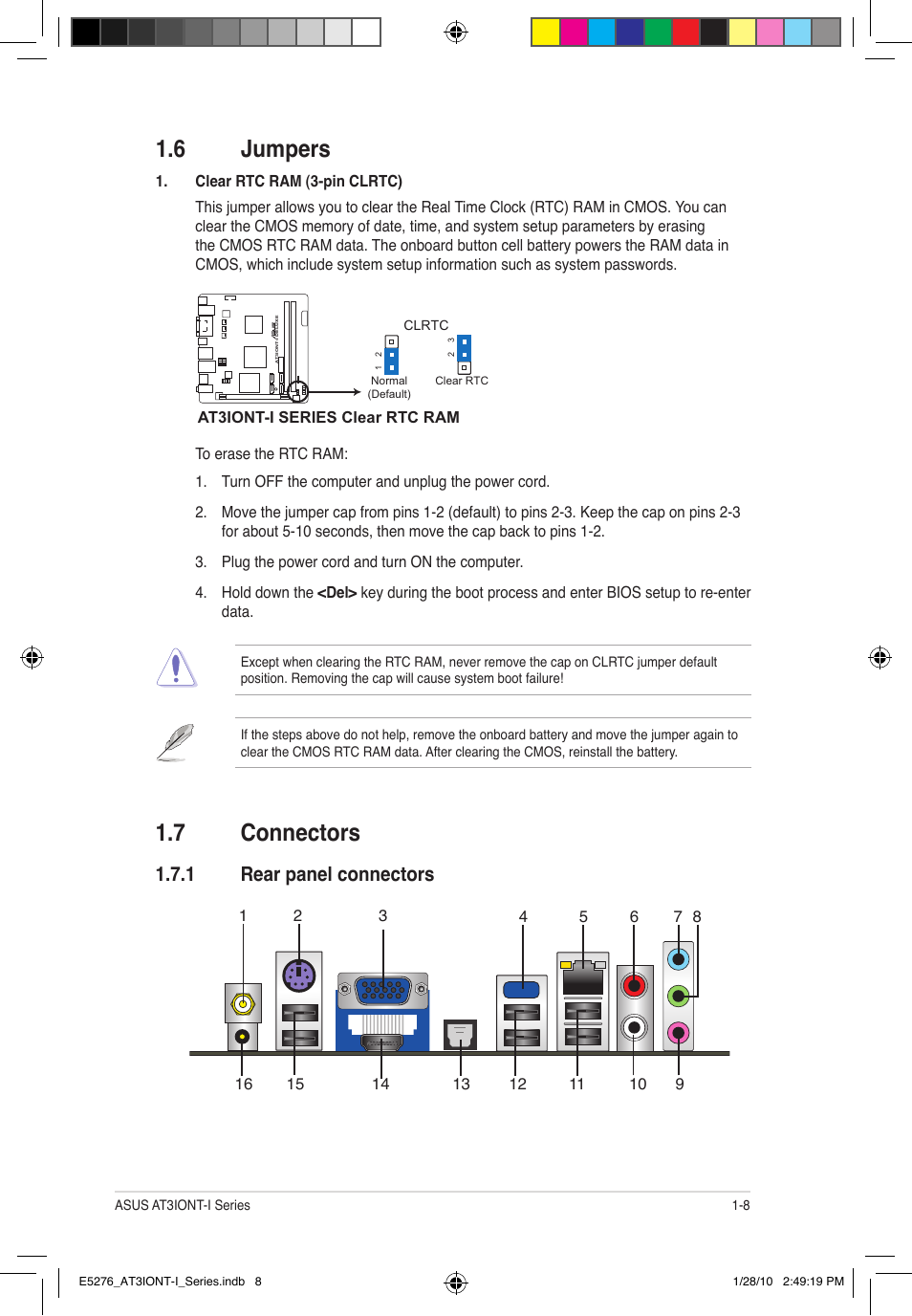 6 jumpers, 7 connectors, 1 rear panel connectors | Asus AT3IONT-I DELUXE User Manual | Page 17 / 46