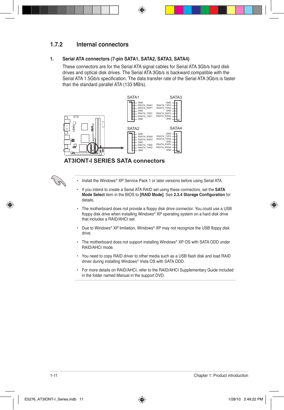 2 internal connectors, At3iont-i series sata connectors | Asus AT3IONT-I DELUXE User Manual | Page 20 / 46