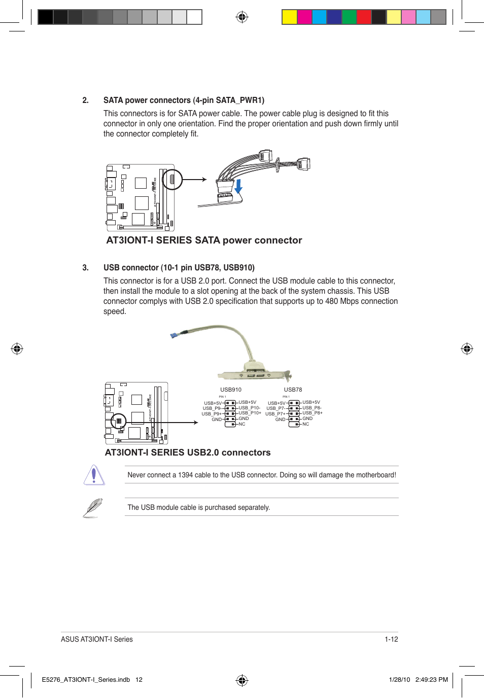 At3iont-i series sata power connector, At3iont-i series usb2.0 connectors | Asus AT3IONT-I DELUXE User Manual | Page 21 / 46