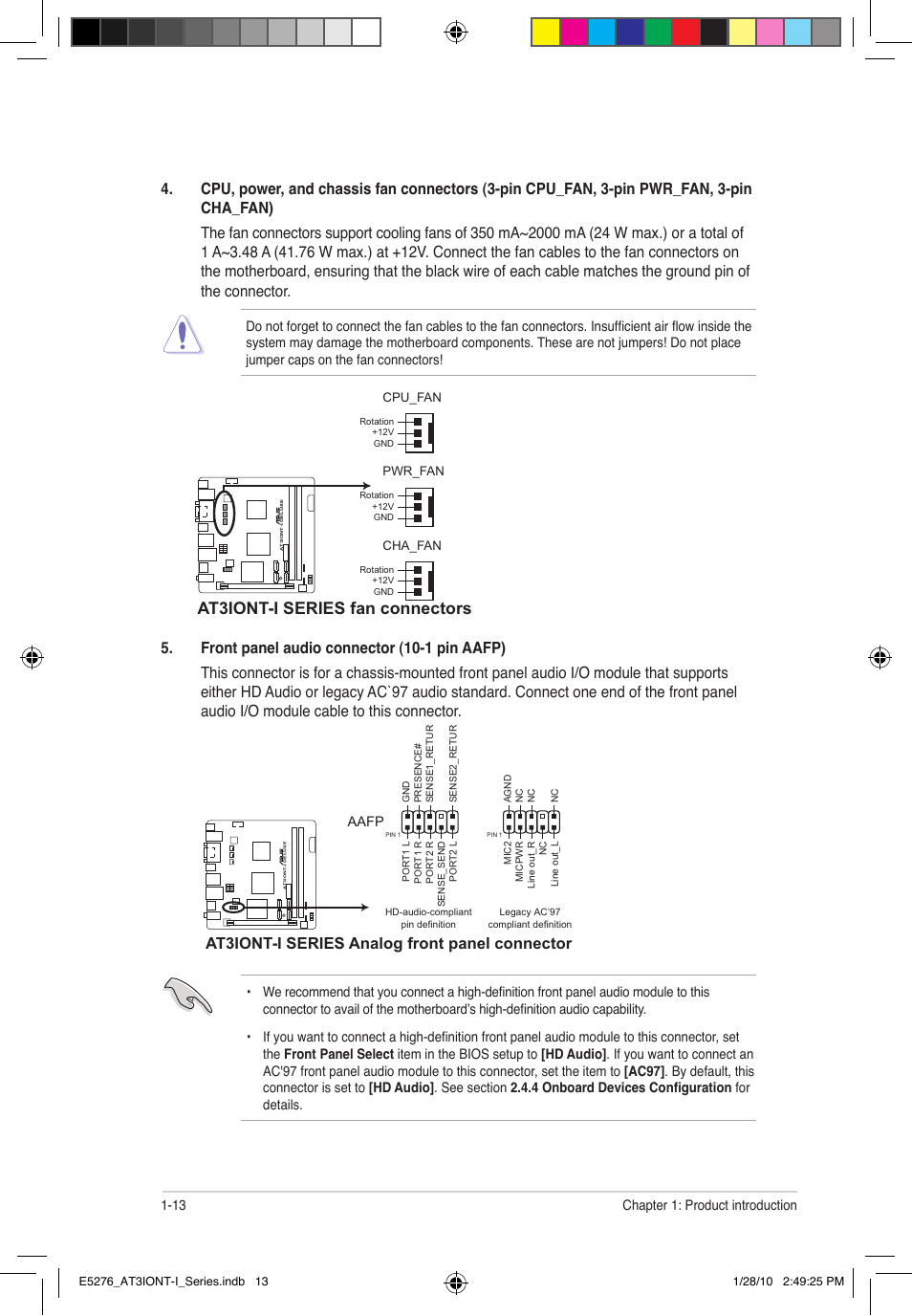 At3iont-i series fan connectors, At3iont-i series analog front panel connector | Asus AT3IONT-I DELUXE User Manual | Page 22 / 46