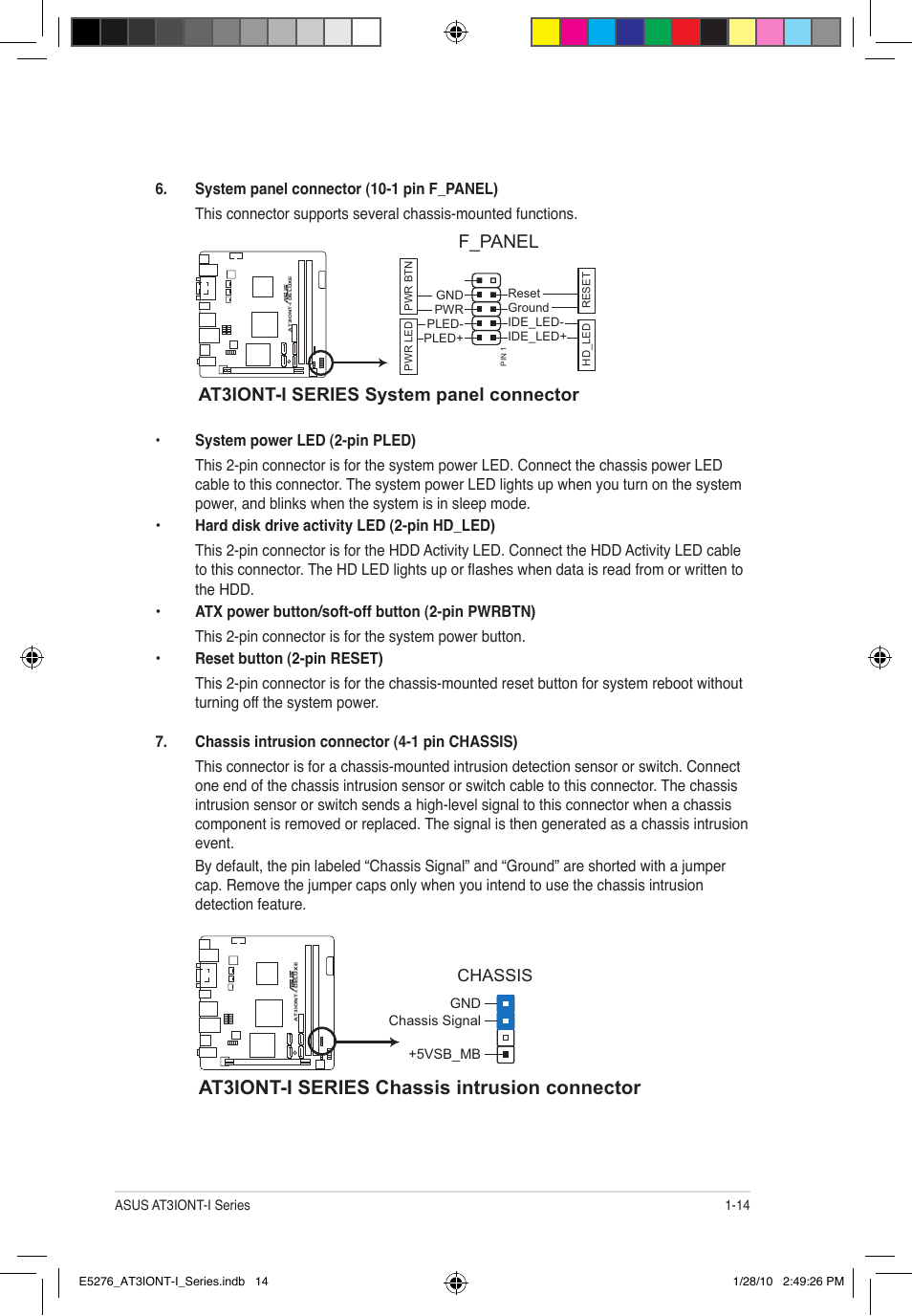 At3iont-i series chassis intrusion connector, At3iont-i series system panel connector, F_panel | Asus AT3IONT-I DELUXE User Manual | Page 23 / 46